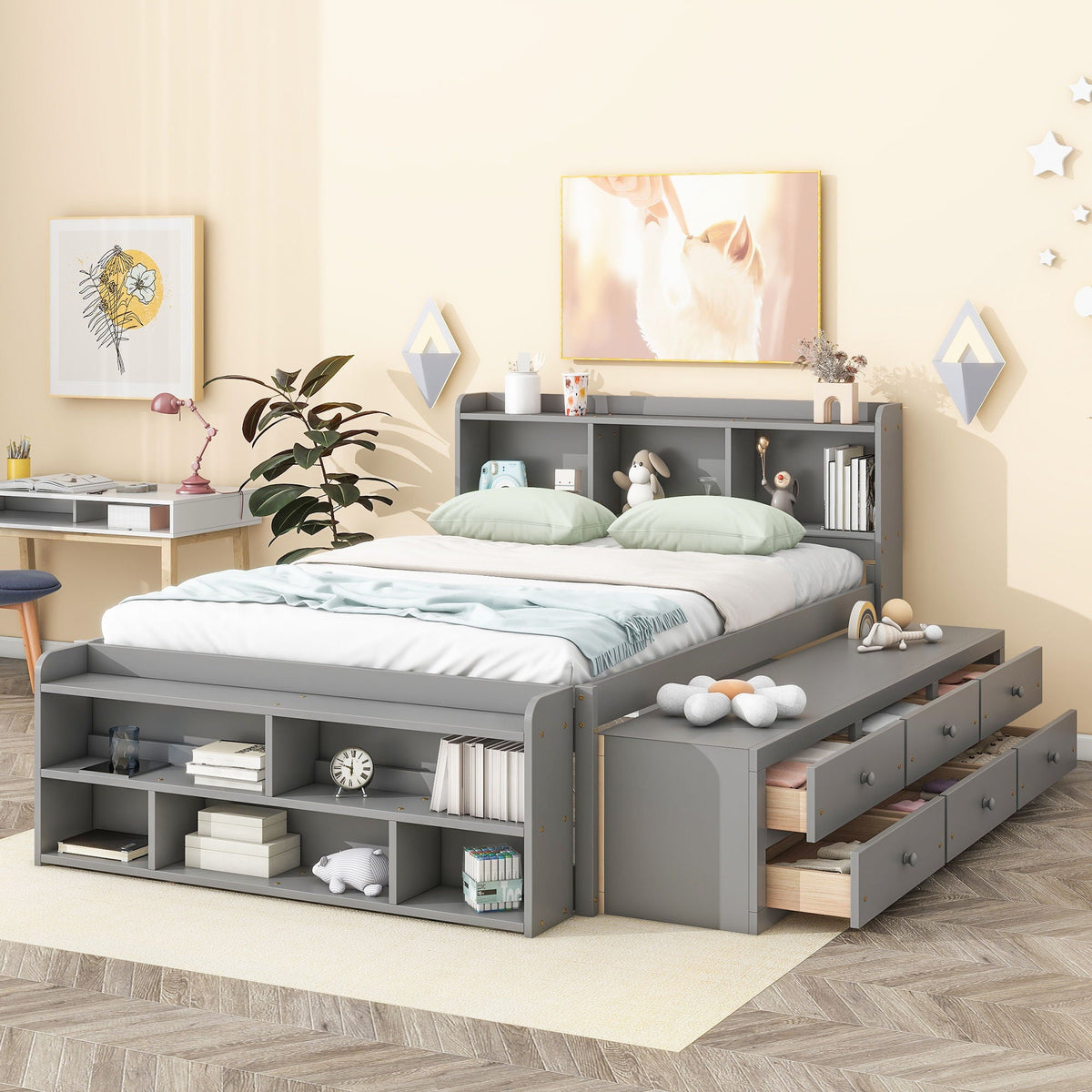 Storage Bed with Bookcase Headboard & Drawers