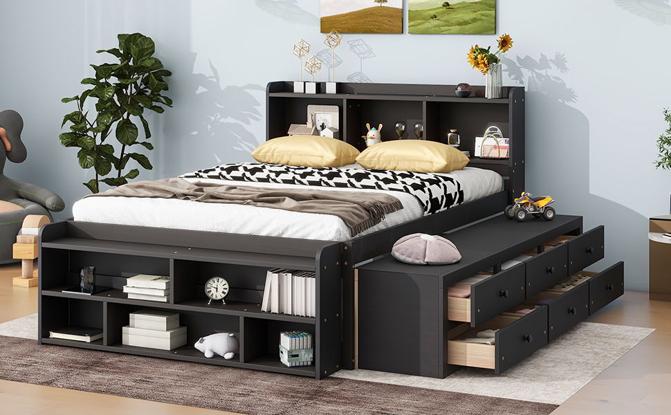 Storage Bed with Bookcase Headboard & Drawers
