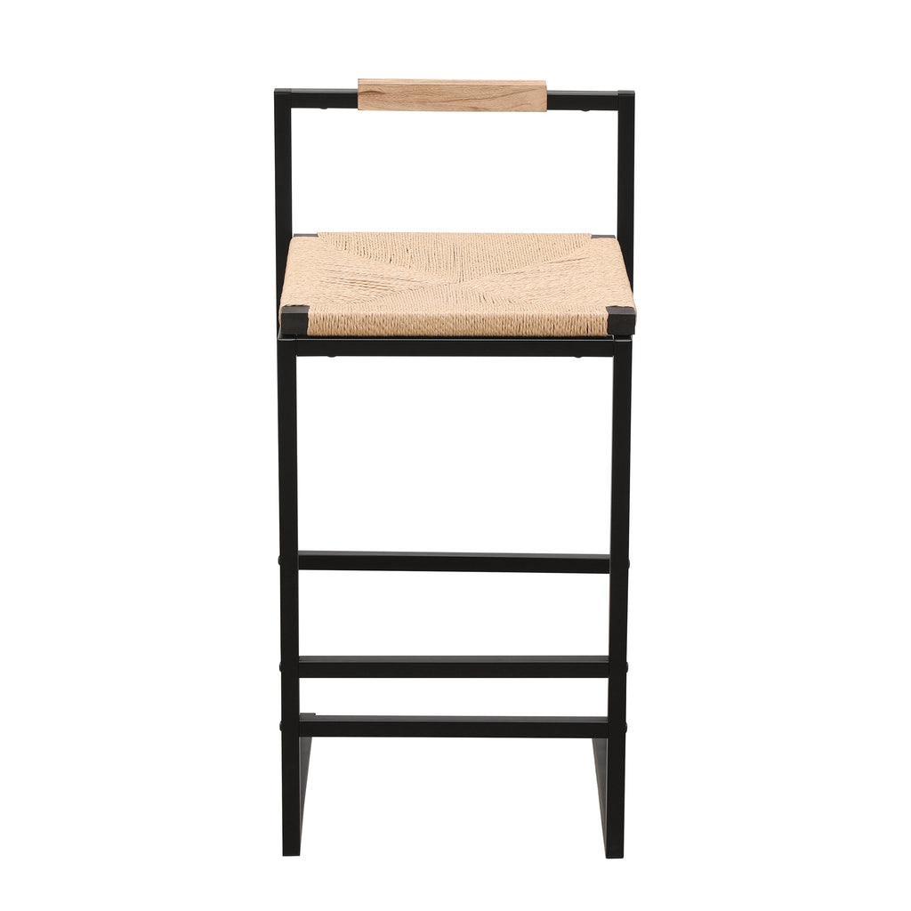 Set of 2 Bar Stools with Back Paper Rope Woven Counter Height Dining Chairs for