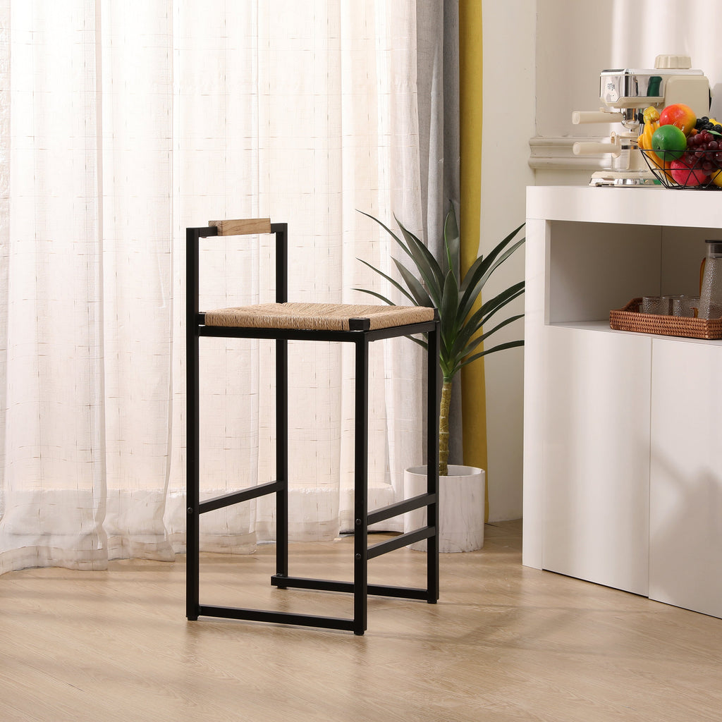 Set of 2 Bar Stools with Back Paper Rope Woven Counter Height Dining Chairs for