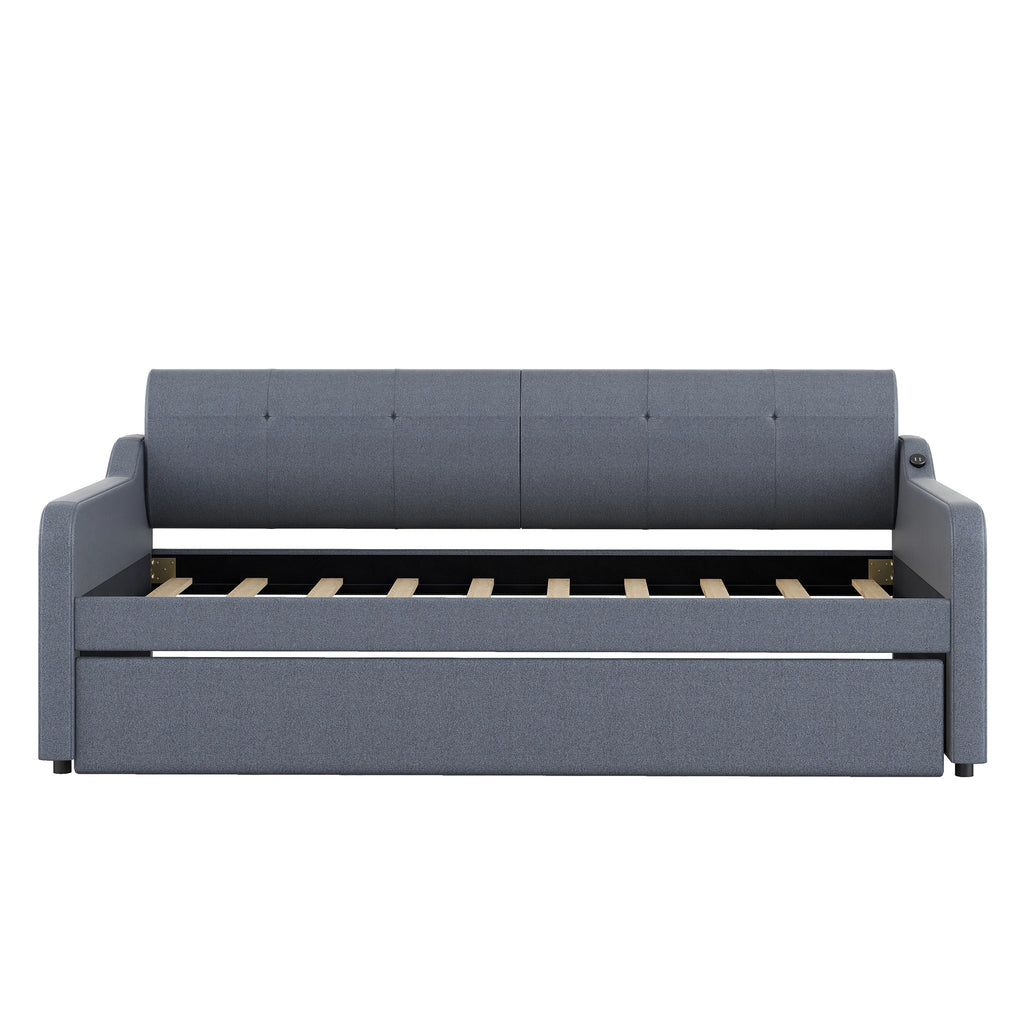 Twin Size Upholstery DayBed with Trundle and USB Charging Design Trundle can be
