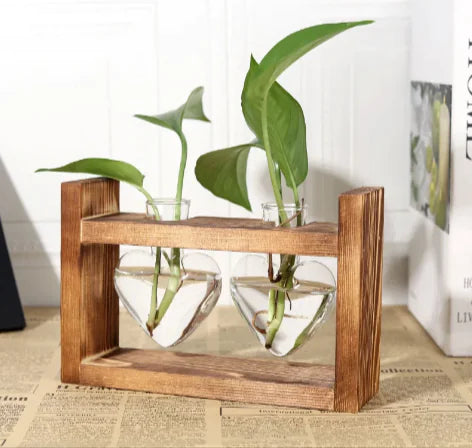 Heart-Shaped Glass Vase with Wood Stand