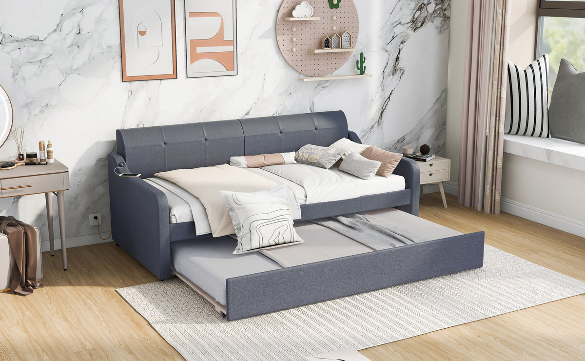 Twin Size Upholstery DayBed with Trundle and USB Charging Design Trundle can be
