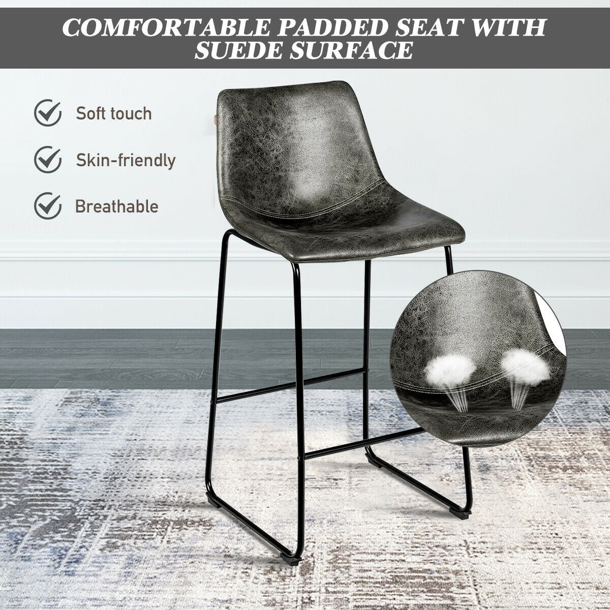 Set of 2 Bar Stool Faux Suede Upholstered Chairs