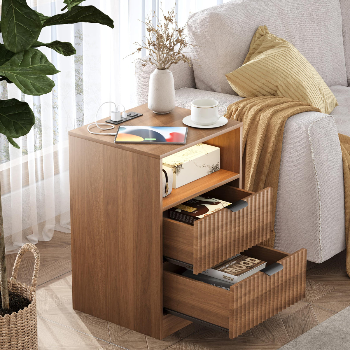 Fluted Nightstands with Charging Station, Set of 2