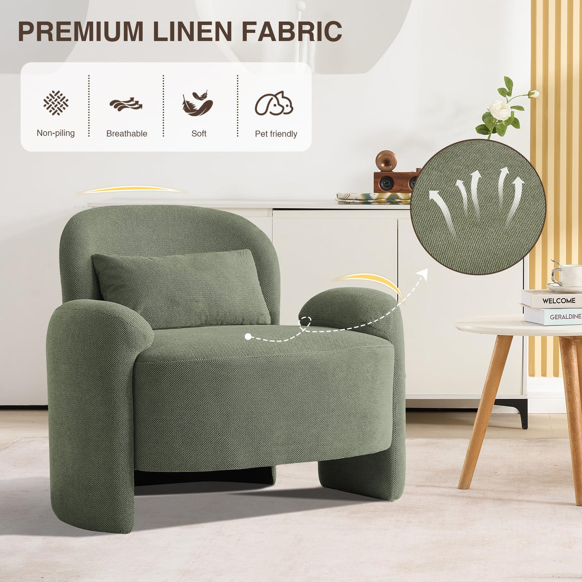 LOULENS Accent Chair Set of 2, Linen Fabric Lounge Armchair, Yellow