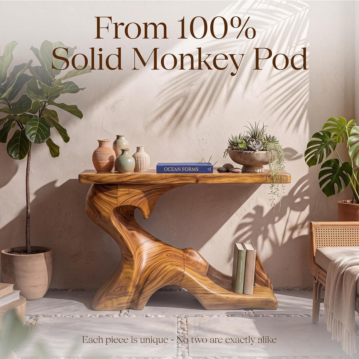 Monkey Pod Console Table No. 10, Hand-Carved Live Edge