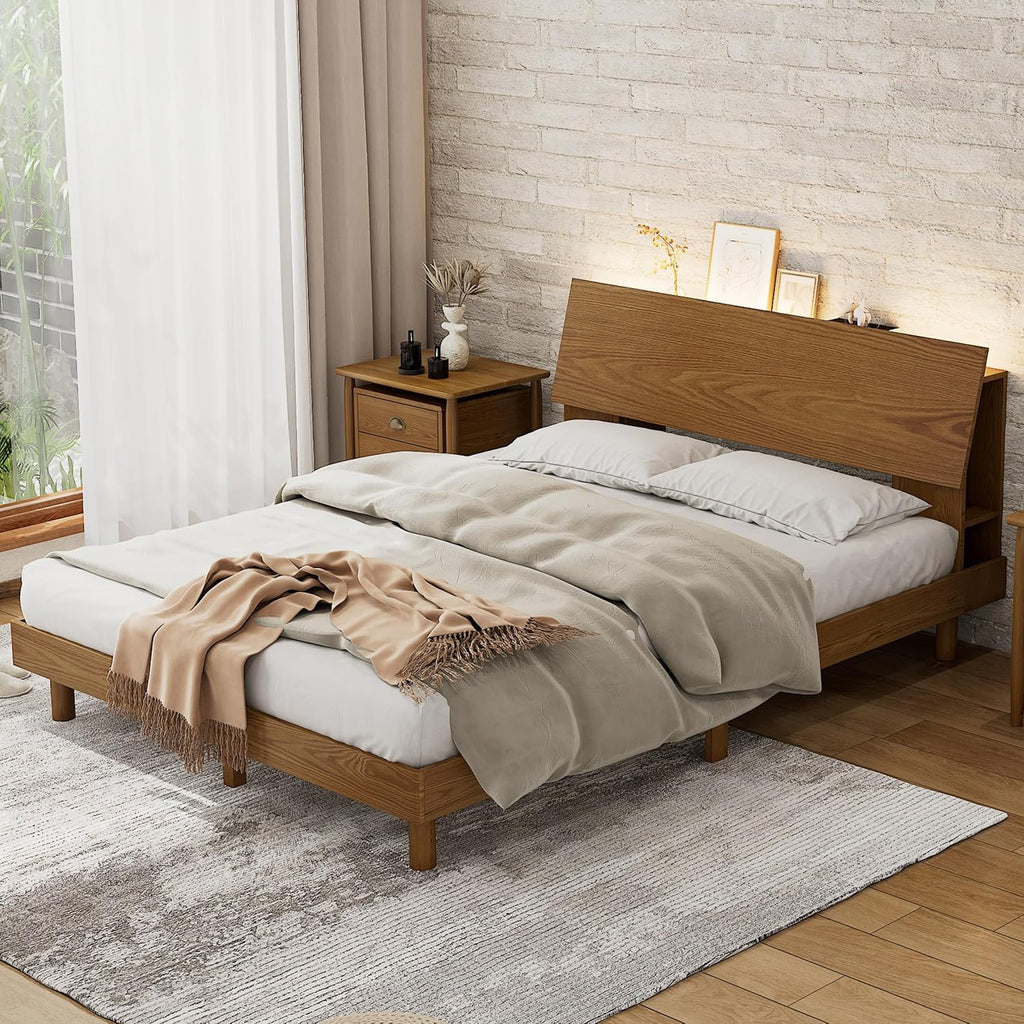 Walnut Queen Platform Bed with LED Bookshelf Headboard
