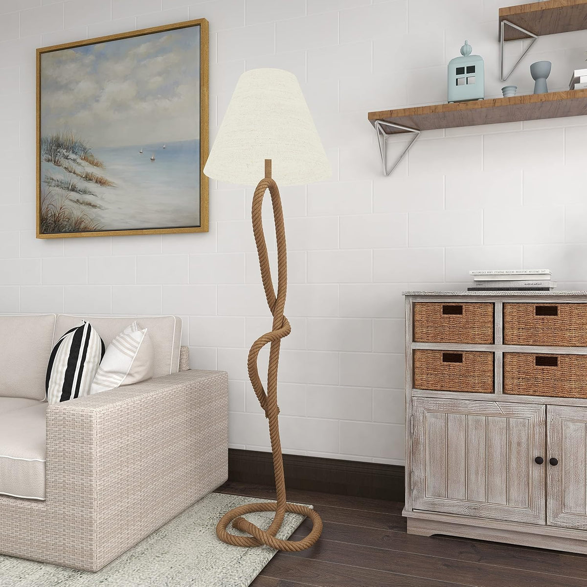 Deco 79 Jute Rope Room Floor Lamp Twisted Rope Standing Tall Lamp with Cream Linen