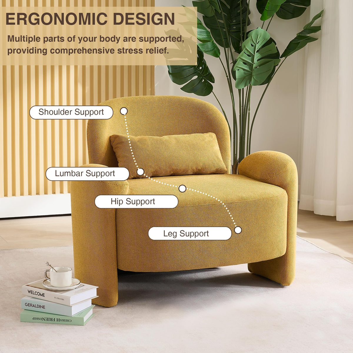 LOULENS Accent Chair Set of 2, Linen Fabric Lounge Armchair, Yellow