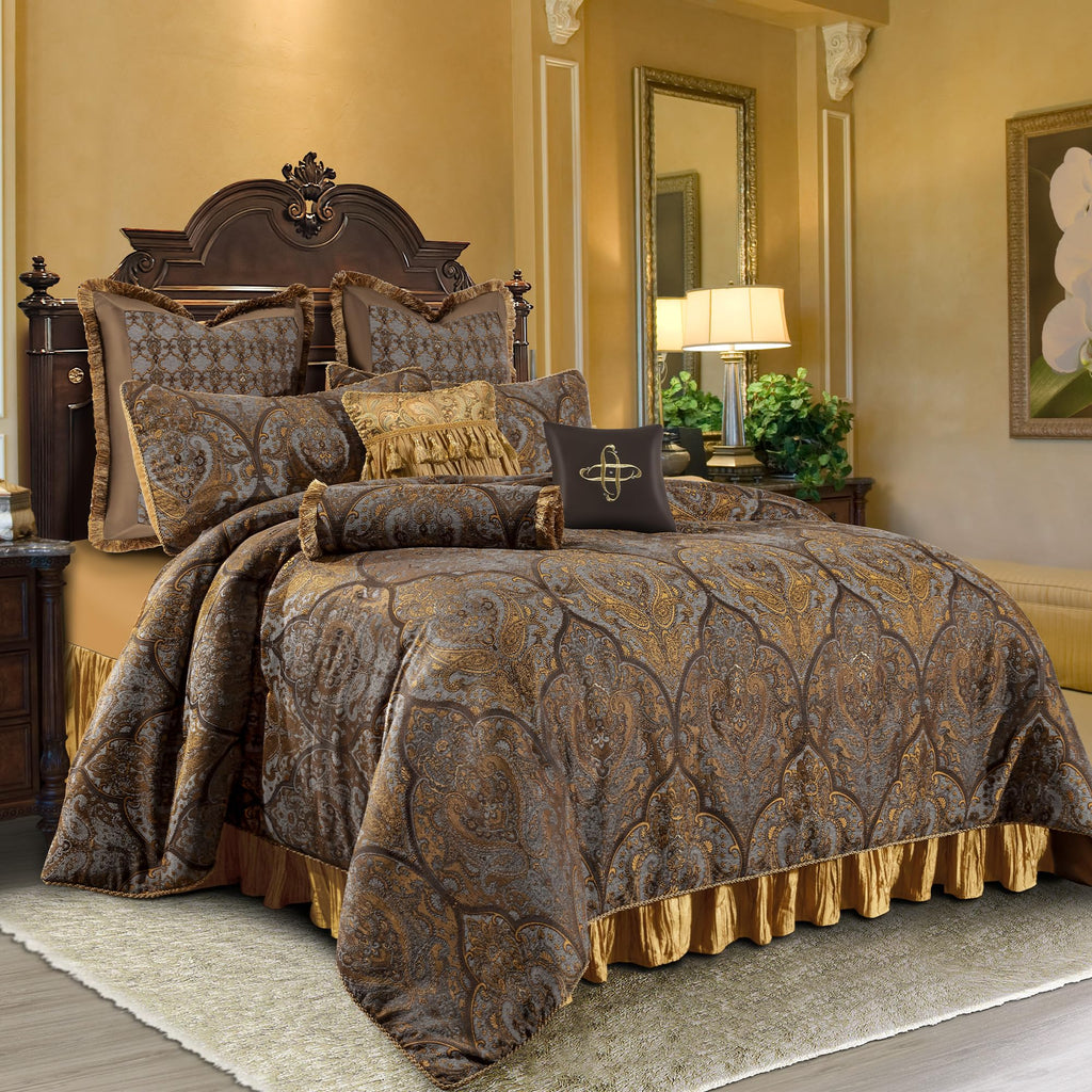 Loom and Mill Luxury Jacquard Comforter Set 9-Piece, Bronze Gold, Queen
