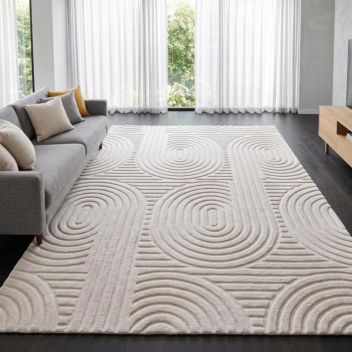 5x7 Geometric Area Rugs for Living Room, Washable Solid Beige Carpet