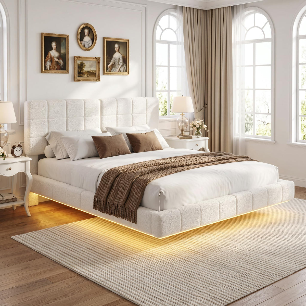 Queen Size Curved Upholstered Bed with Smart Ambient Lighting
