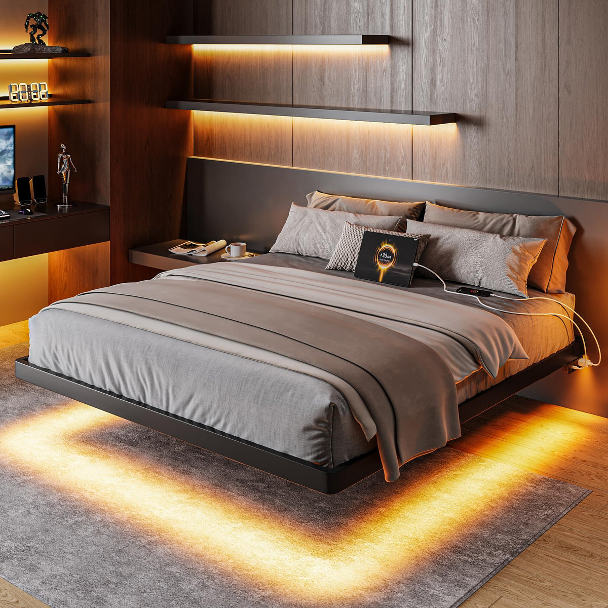Feonase Full Size Floating Bed Frame with Charging Station and Led Lights