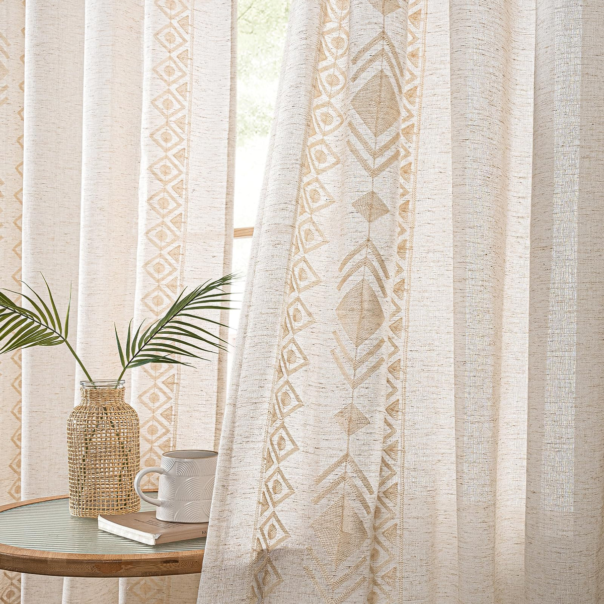 Beige Boho Linen-Texture Curtains, Set of Two