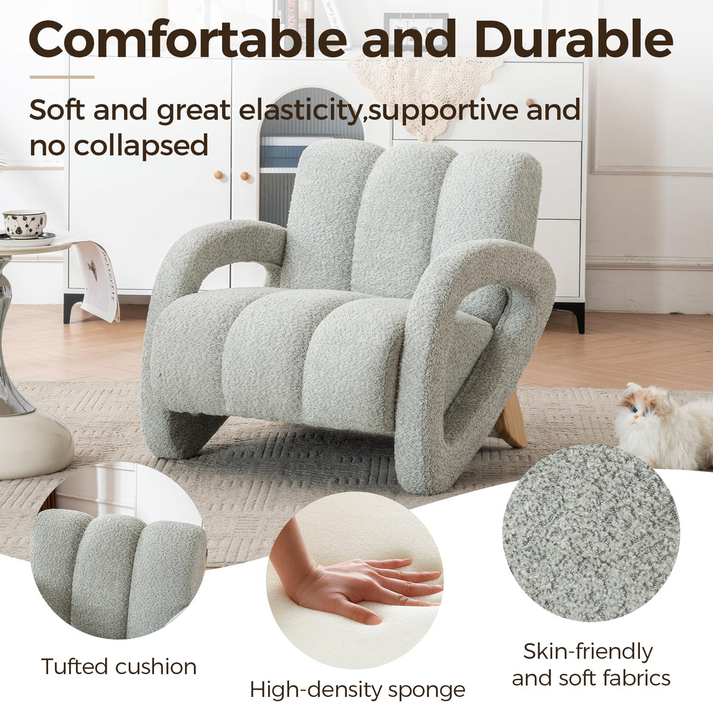 Mid Century Modern Accent Chair Set of 2 with Solid Wood Frame, Upholstered Living Room Chairs with Thick Cushion, Boucle Tufted Armchair for Bedroom, Reading Room, Ivory
