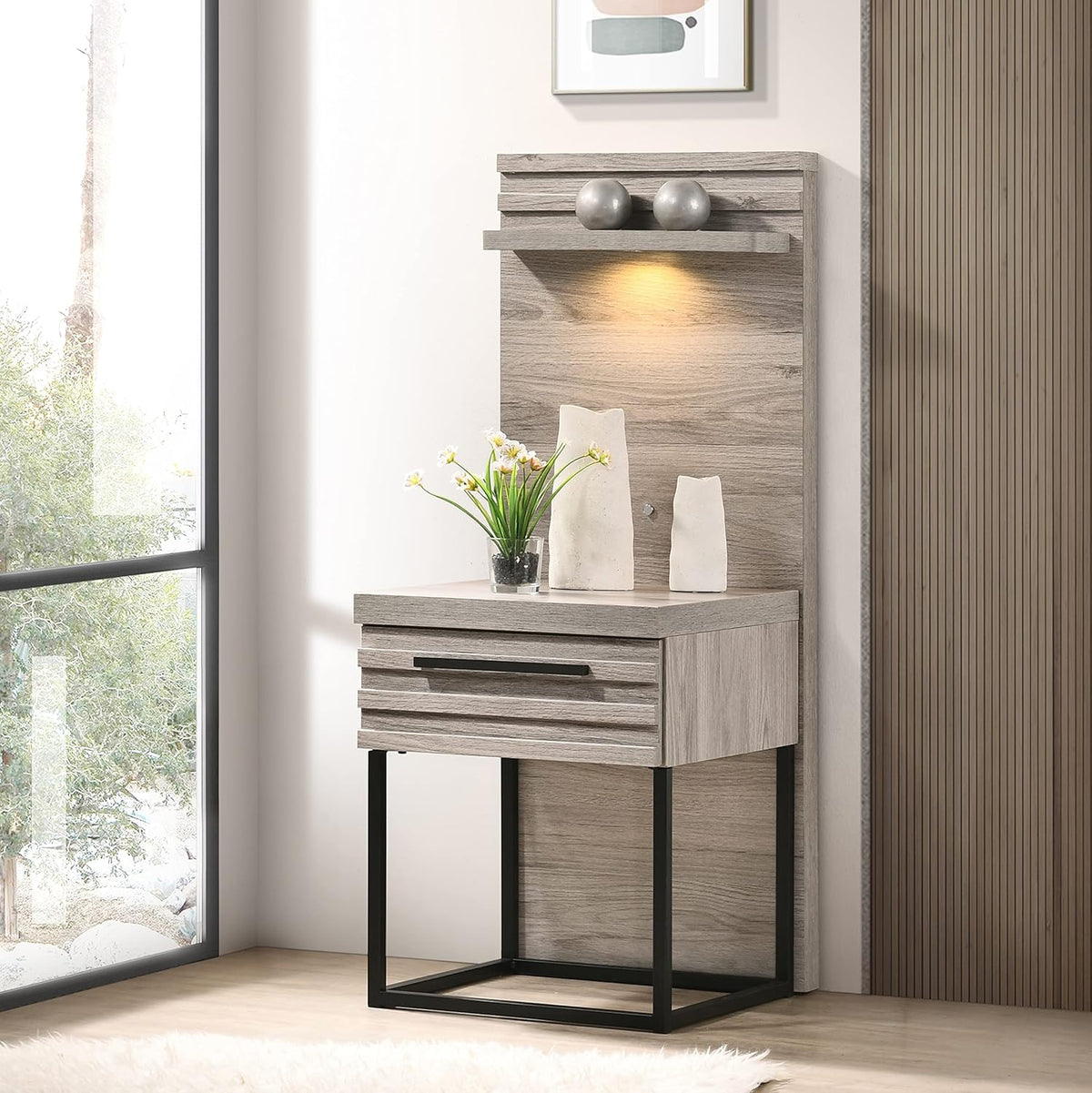 Upholstered Wall Bed with LED Lights & Nightstands