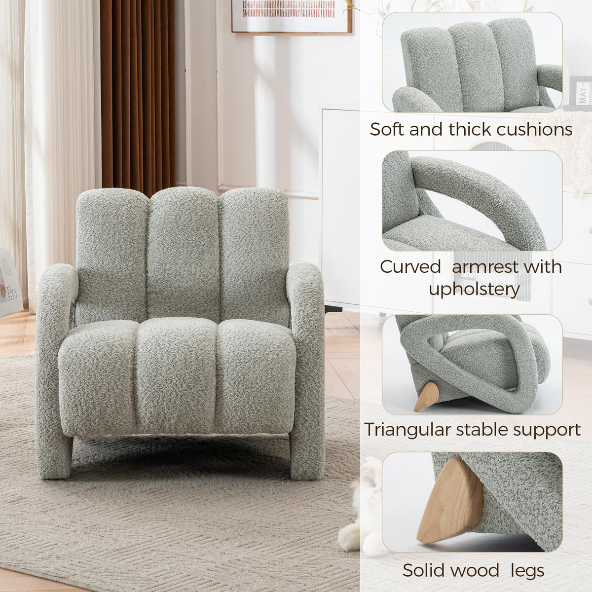 Mid Century Modern Accent Chair Set of 2 with Solid Wood Frame, Upholstered Living Room Chairs with Thick Cushion, Boucle Tufted Armchair for Bedroom, Reading Room, Ivory