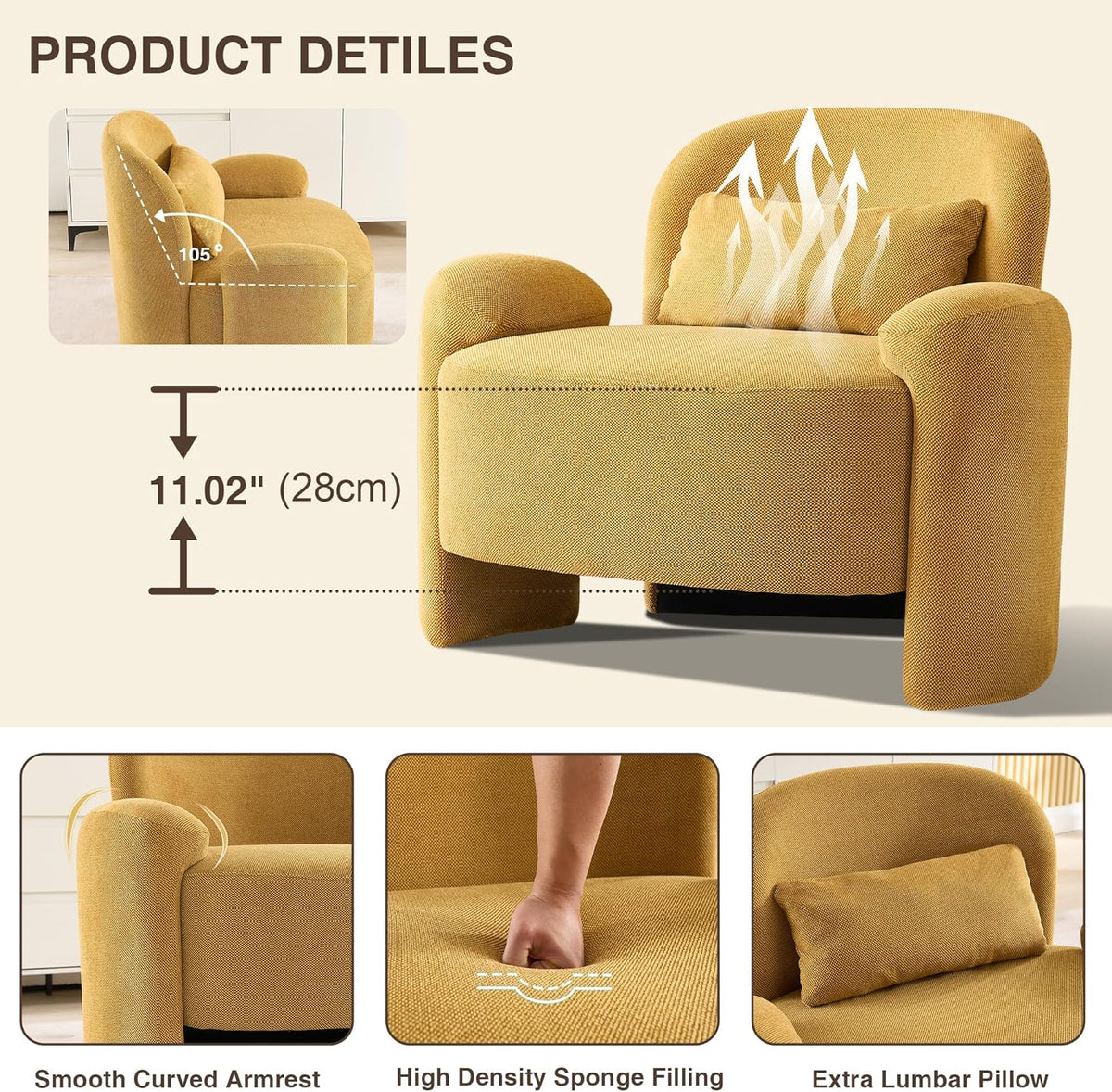 LOULENS Accent Chair Set of 2, Linen Fabric Lounge Armchair, Yellow
