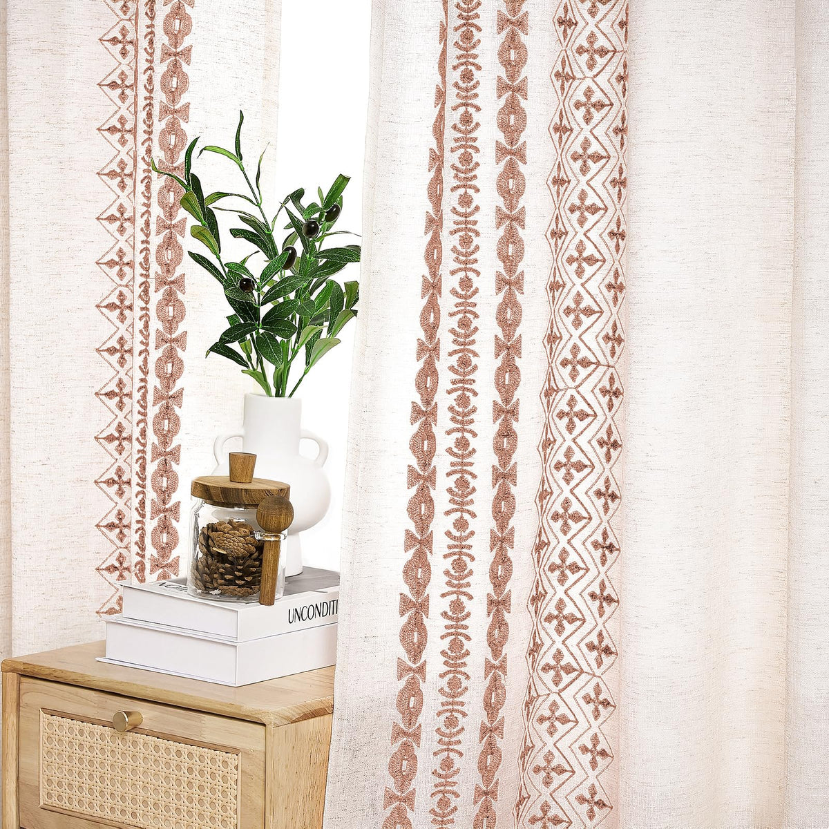 Beige Boho Linen-Texture Curtains, Set of Two