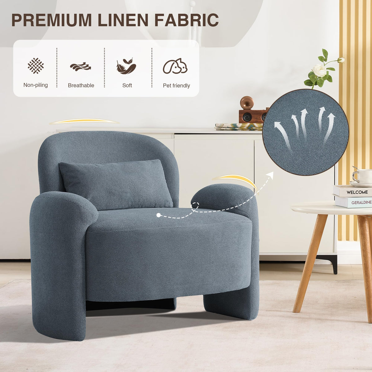 LOULENS Accent Chair Set of 2, Linen Fabric Lounge Armchair, Yellow