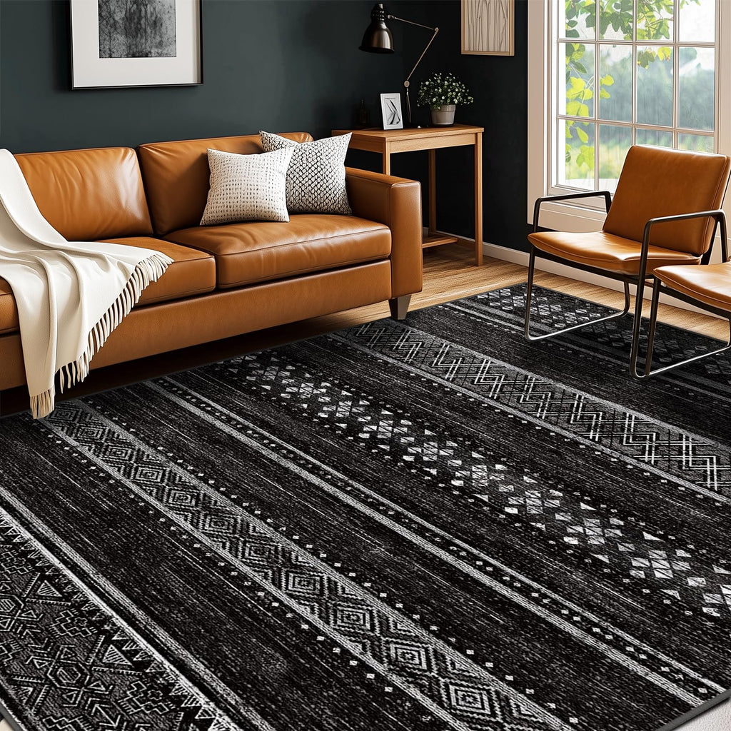 8x10 Washable Area Rugs for Living Room Boho Bedroom Rug Colorful/Black