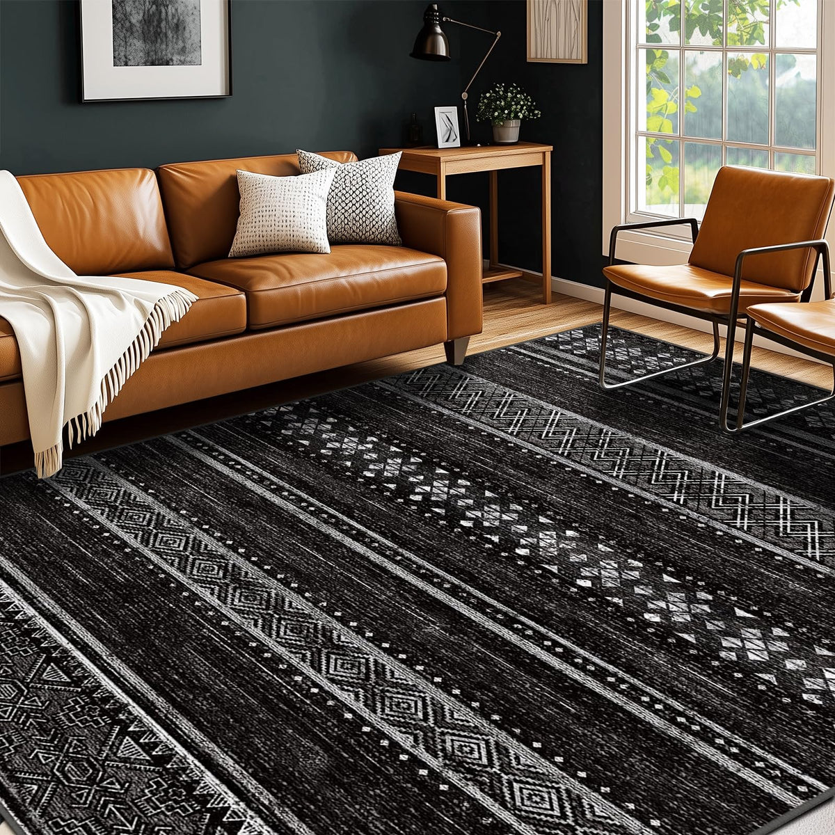 8x10 Washable Area Rugs for Living Room Boho Bedroom Rug Colorful/Black