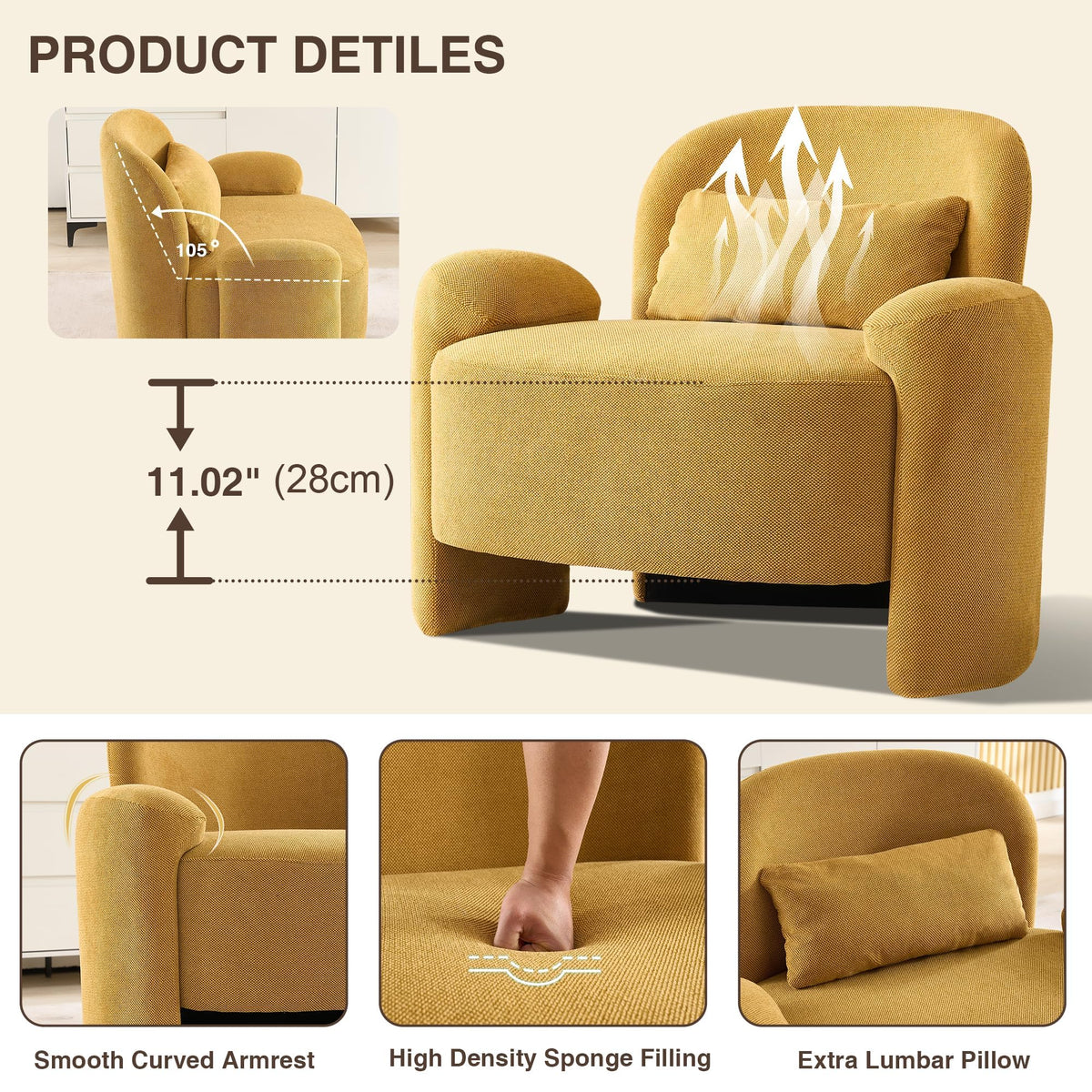 LOULENS Accent Chair Set of 2, Linen Fabric Lounge Armchair, Yellow