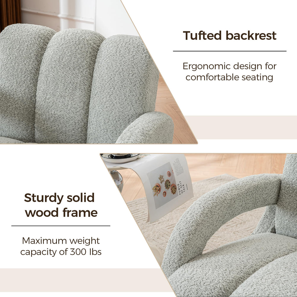 Mid Century Modern Accent Chair Set of 2 with Solid Wood Frame, Upholstered Living Room Chairs with Thick Cushion, Boucle Tufted Armchair for Bedroom, Reading Room, Ivory