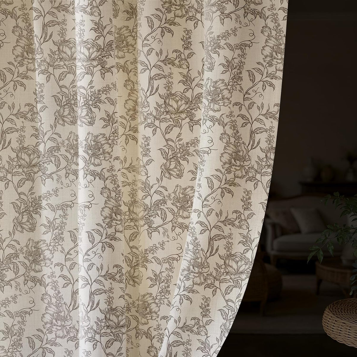 Vintage Floral Linen-Texture Blackout Curtains