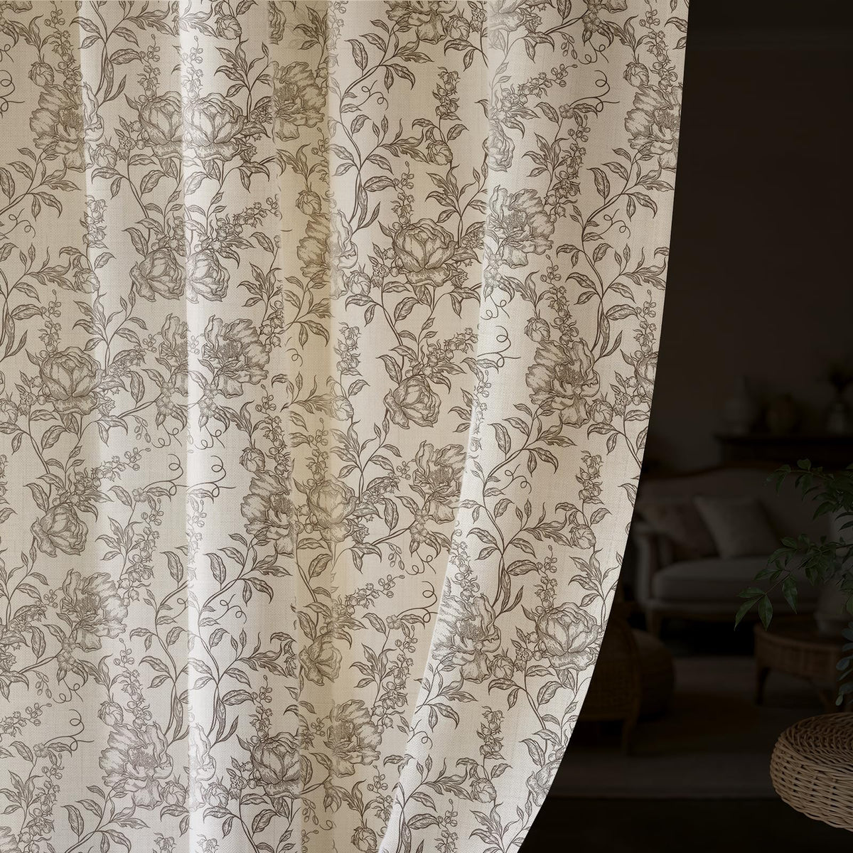 Vintage Floral Linen-Texture Blackout Curtains