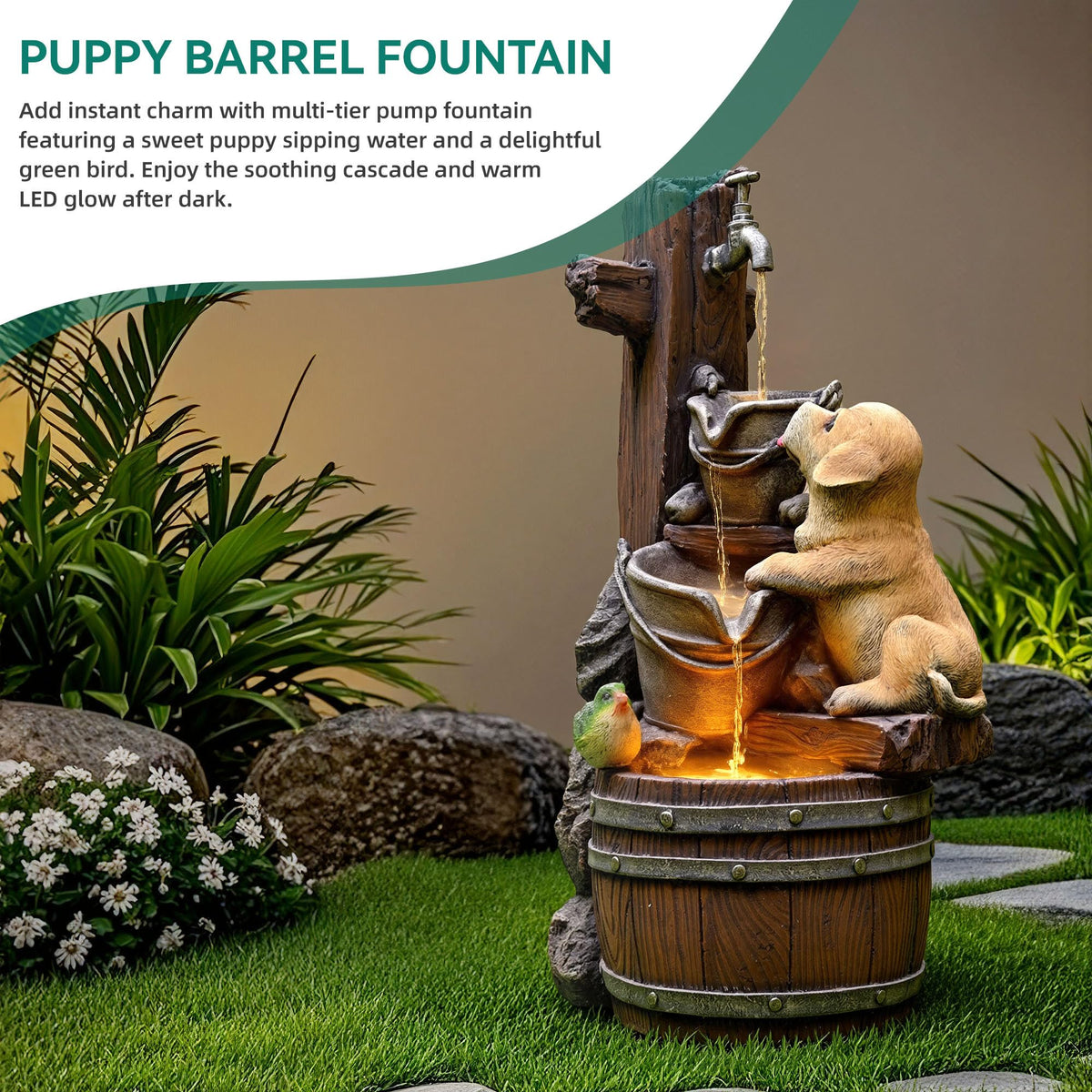 23" H Tiki Statue Outdoor Water Fountain with LED Lights