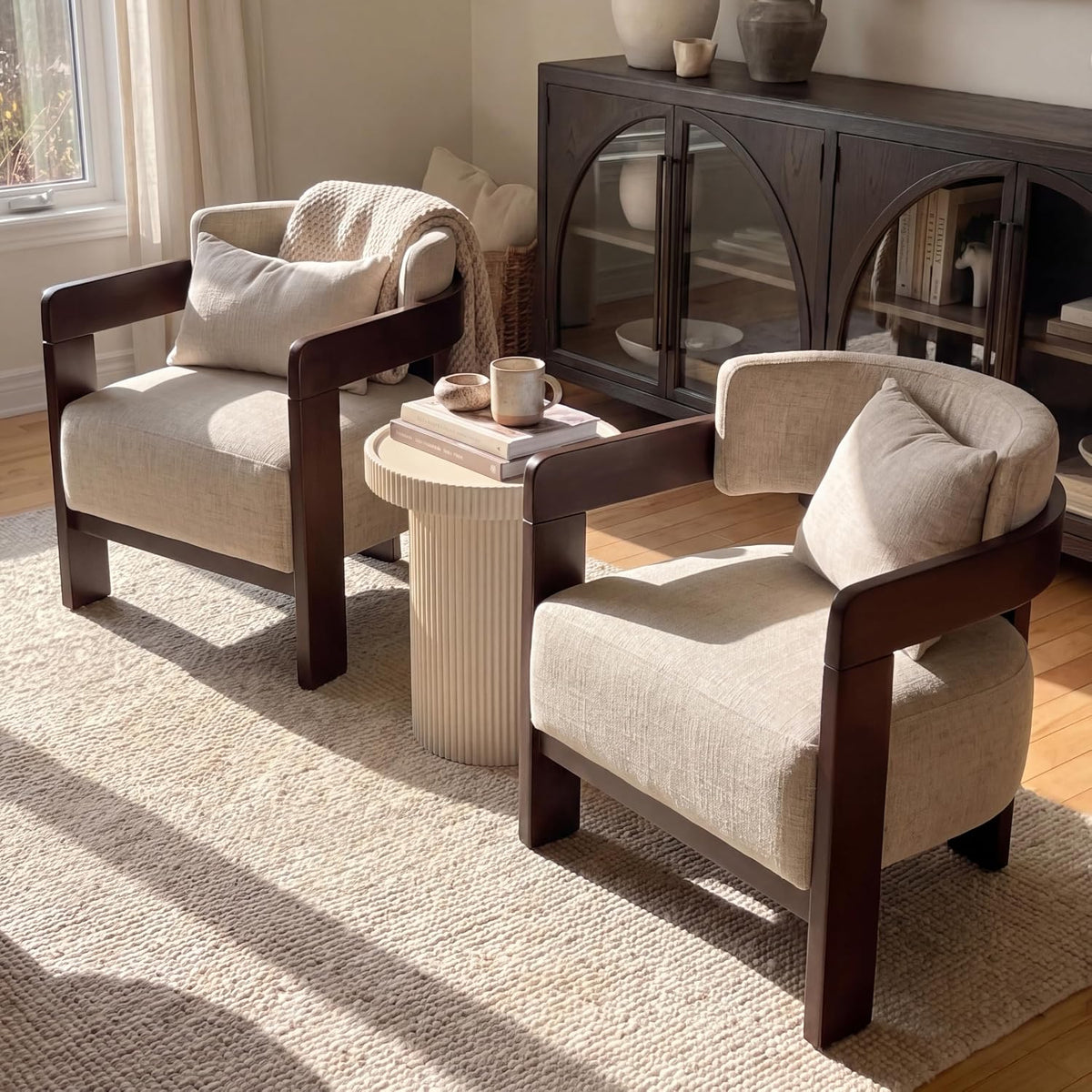 Beige Linen Accent Chairs Set of 2, Upholstered Barrel Living room Chairs