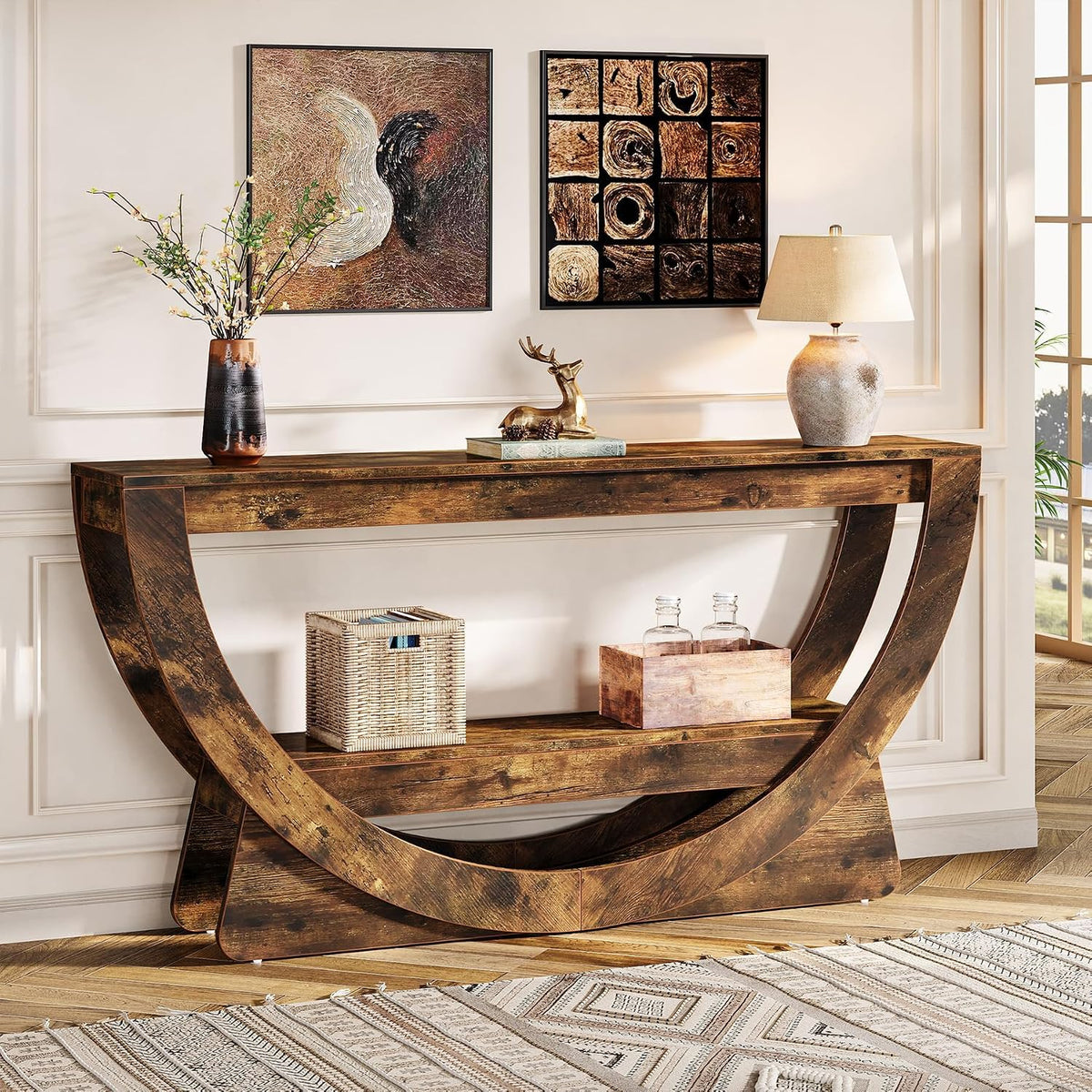 63-Inch Farmhouse Console Table with Storage Shelves