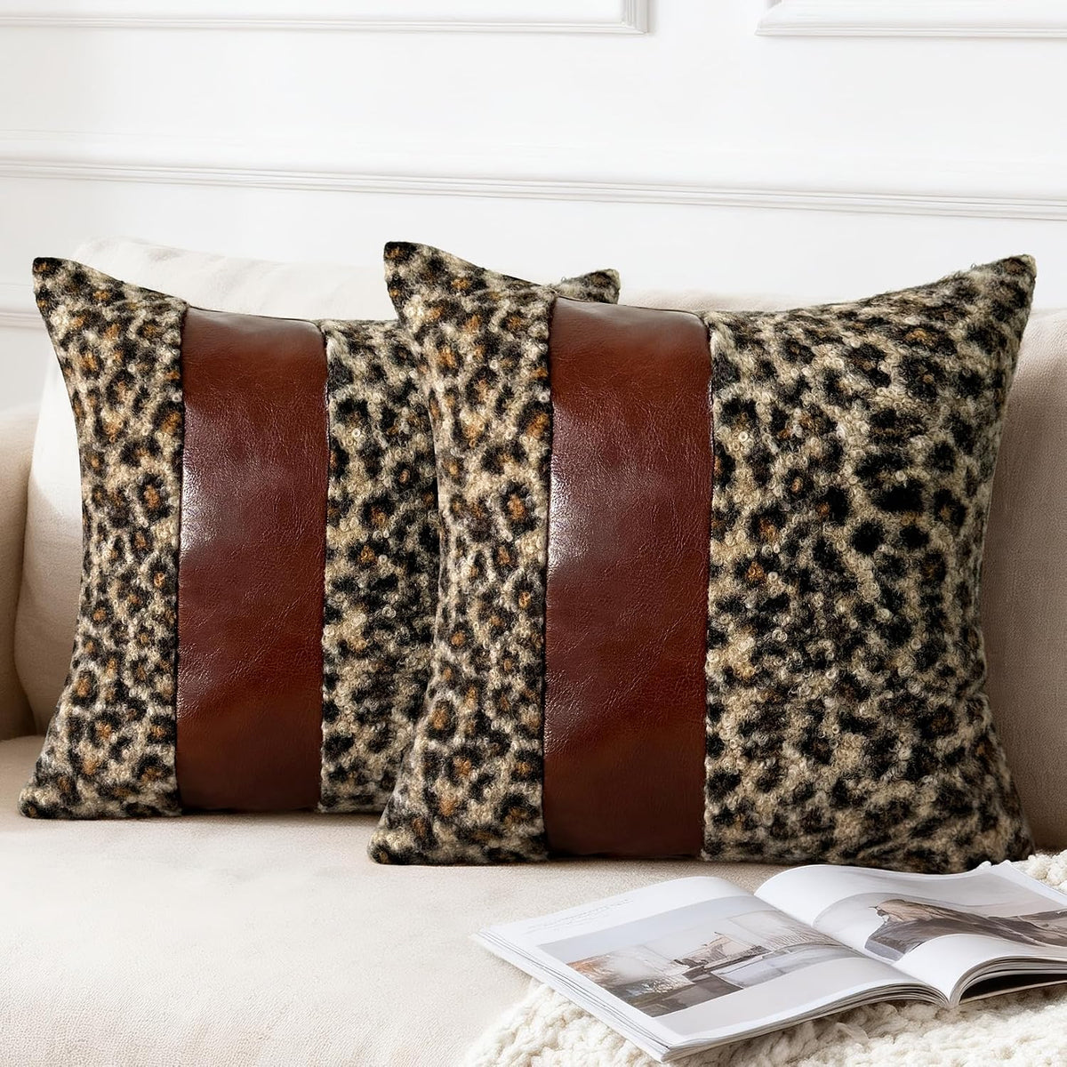 Brown Patchwork Leopard Bouclé Pillow Covers