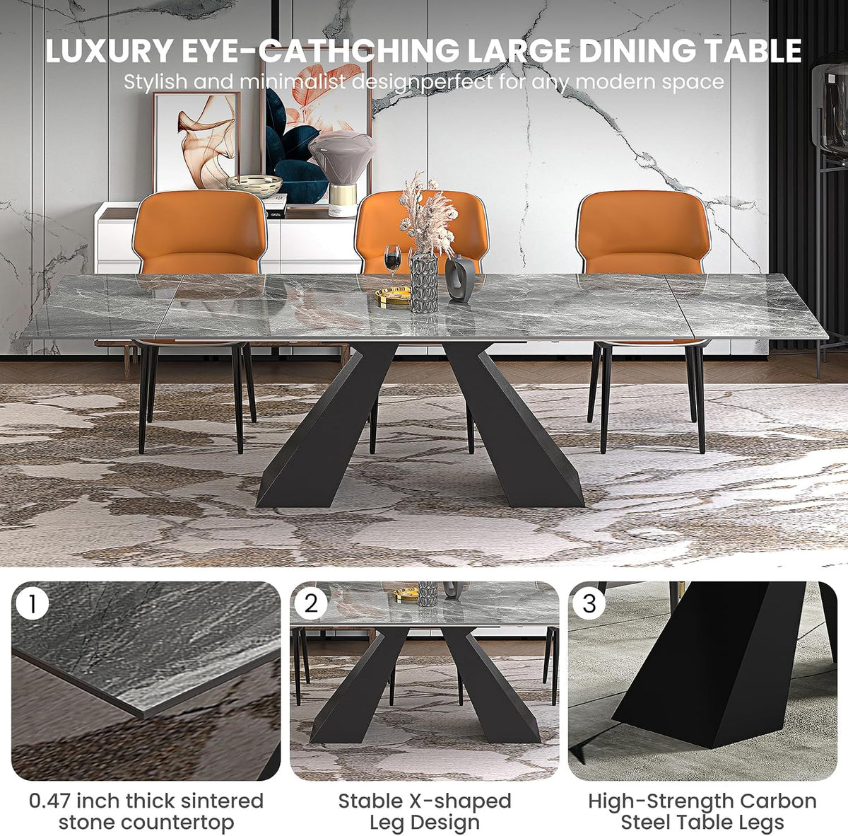 9 Piece Marble Expandable Table Set with 8 Comfy Dining Chairs