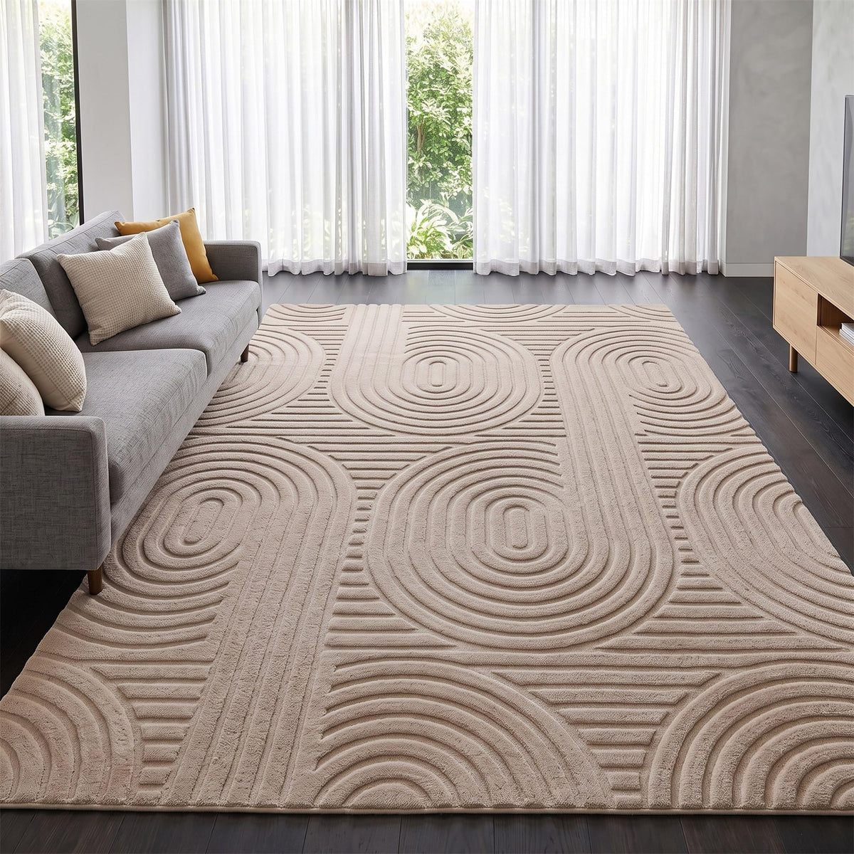 5x7 Geometric Area Rugs for Living Room, Washable Solid Beige Carpet