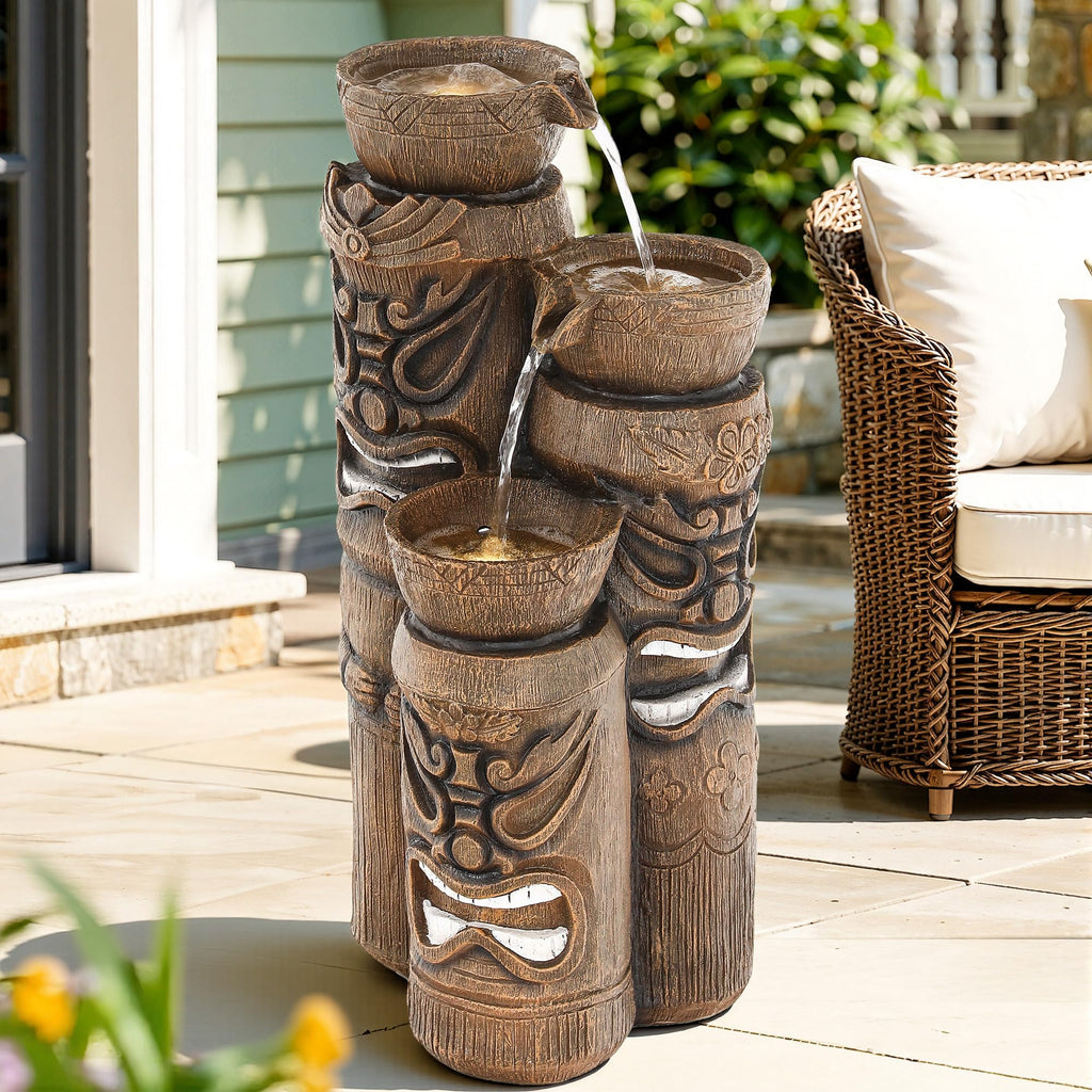 23" H Tiki Statue Outdoor Water Fountain with LED Lights