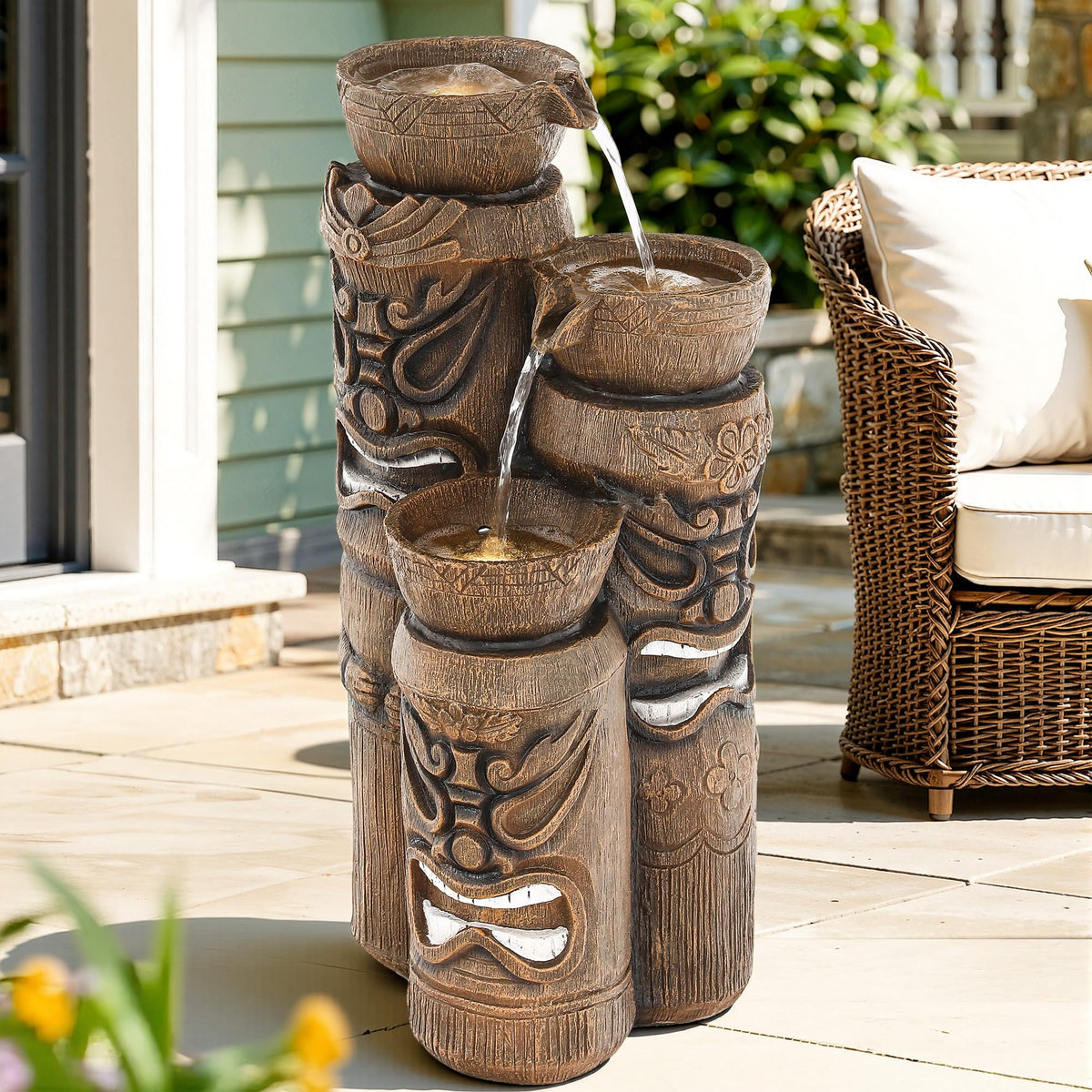 23" H Tiki Statue Outdoor Water Fountain with LED Lights