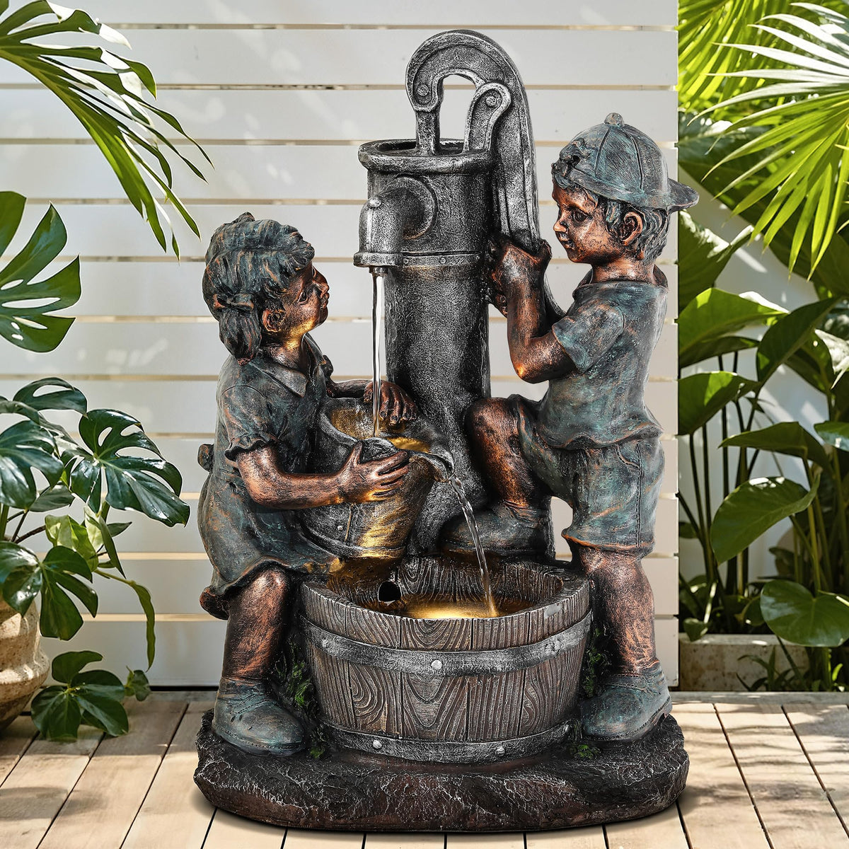 23" H Tiki Statue Outdoor Water Fountain with LED Lights