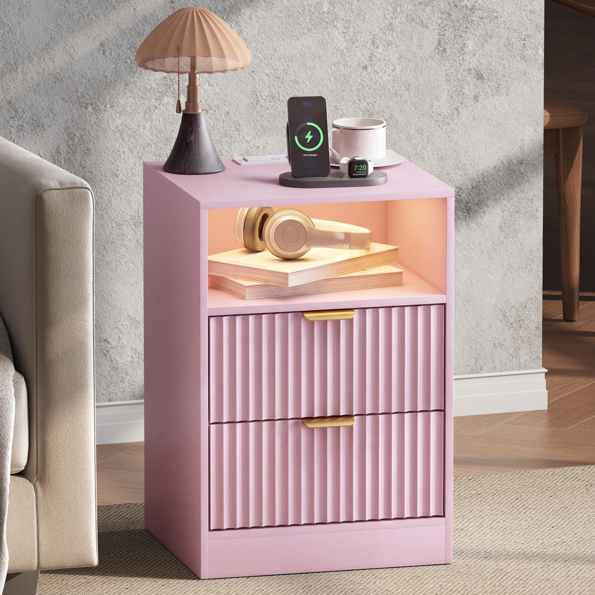 Fluted Nightstands with Charging Station, Set of 2