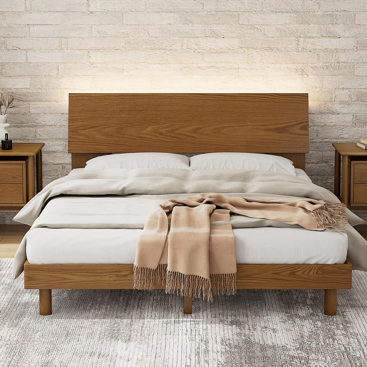 Walnut Queen Platform Bed with LED Bookshelf Headboard