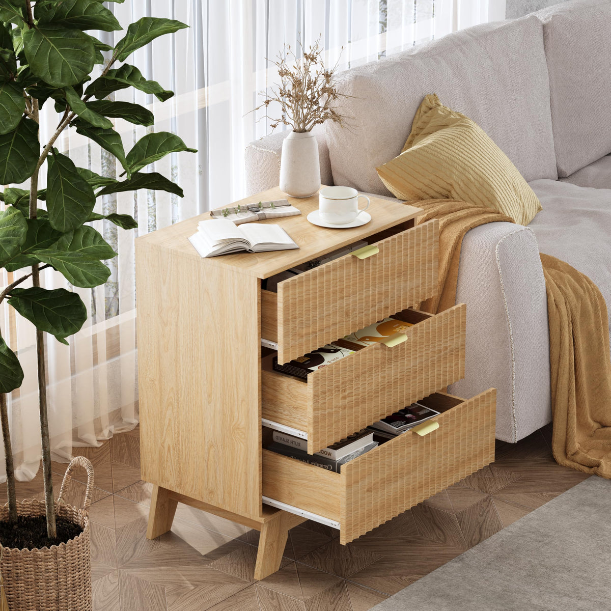 Fluted Nightstands with Charging Station, Set of 2