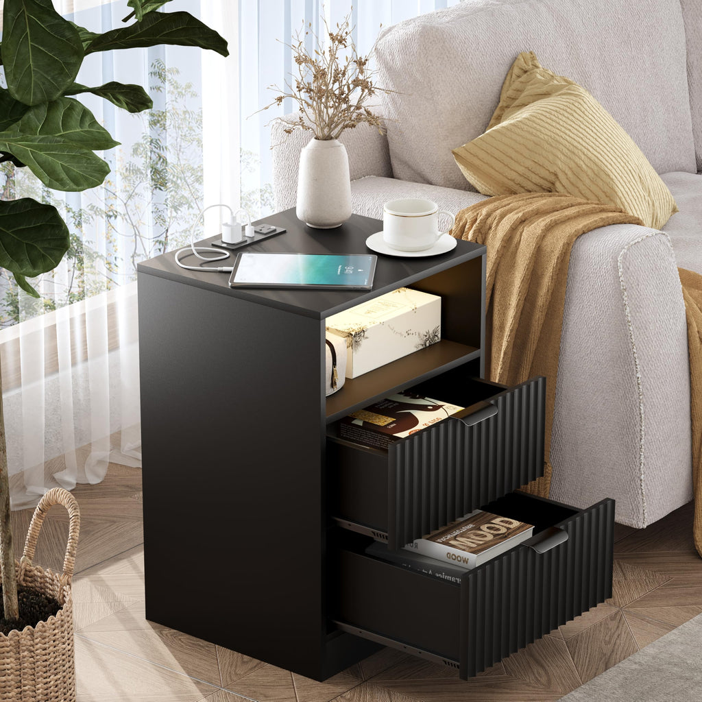 Fluted Nightstands with Charging Station, Set of 2
