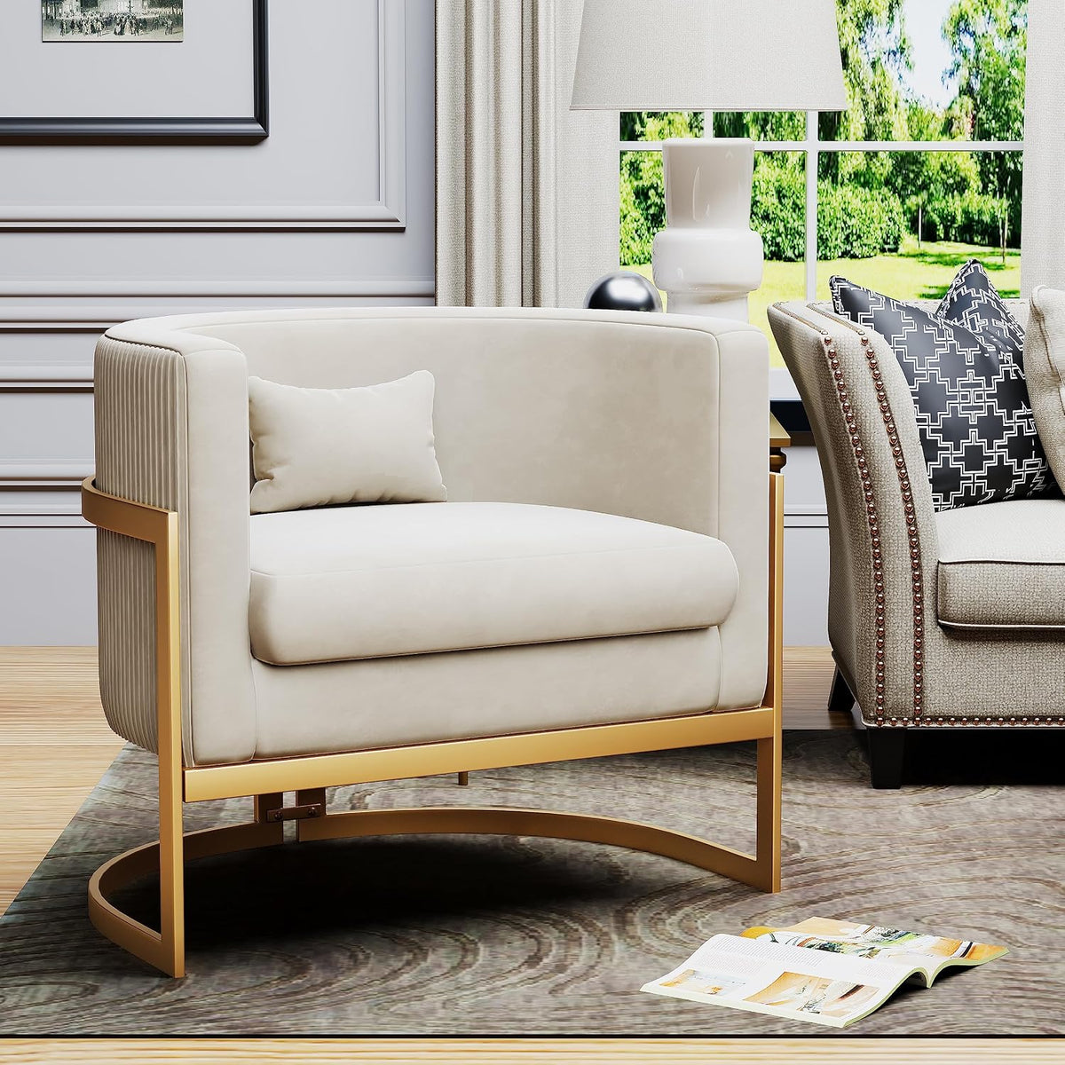 Velvet Accent Chair Ivory Modern Barrel Chair with Gold Legs