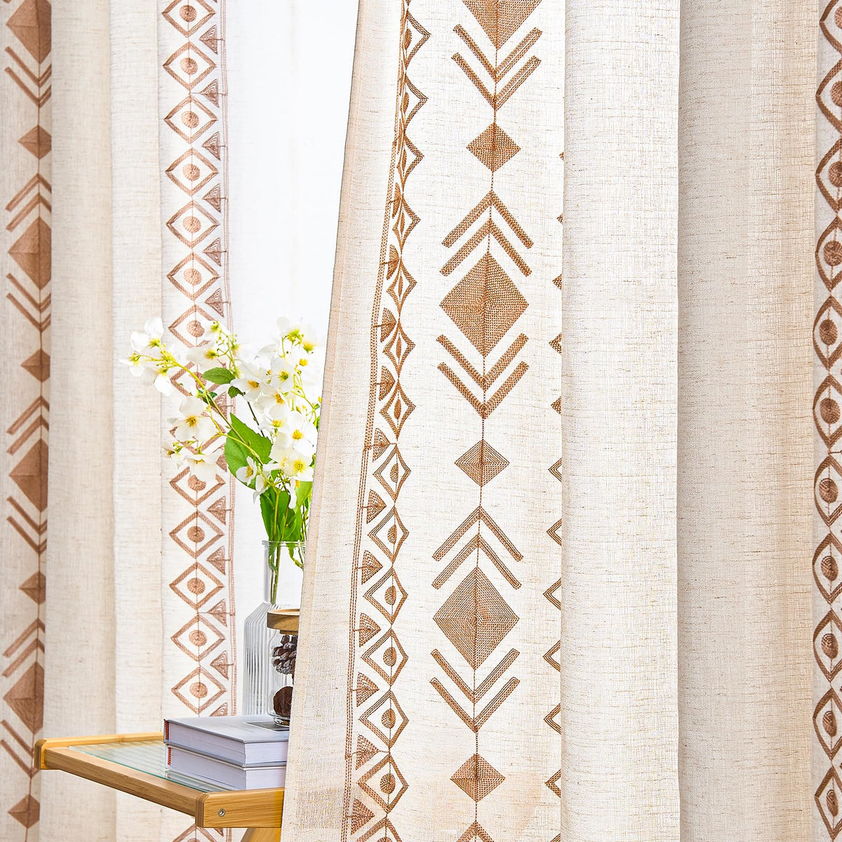 Beige Boho Linen-Texture Curtains, Set of Two