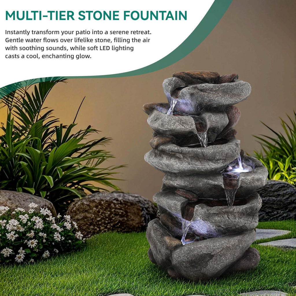 23" H Tiki Statue Outdoor Water Fountain with LED Lights