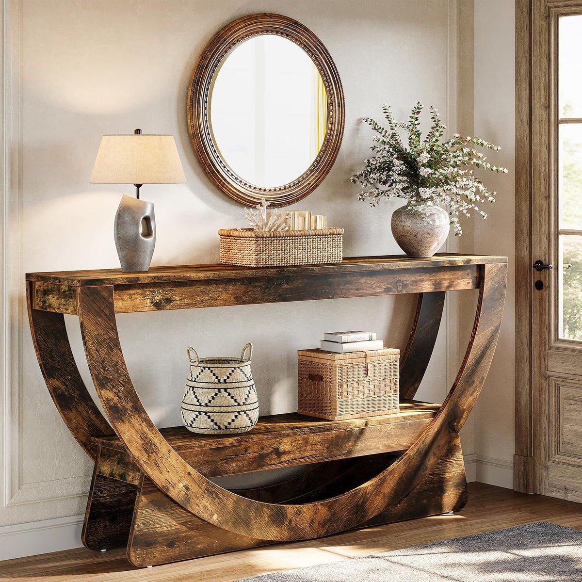 63-Inch Farmhouse Console Table with Storage Shelves