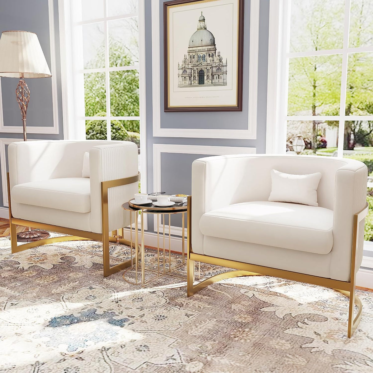 Velvet Accent Chair Ivory Modern Barrel Chair with Gold Legs