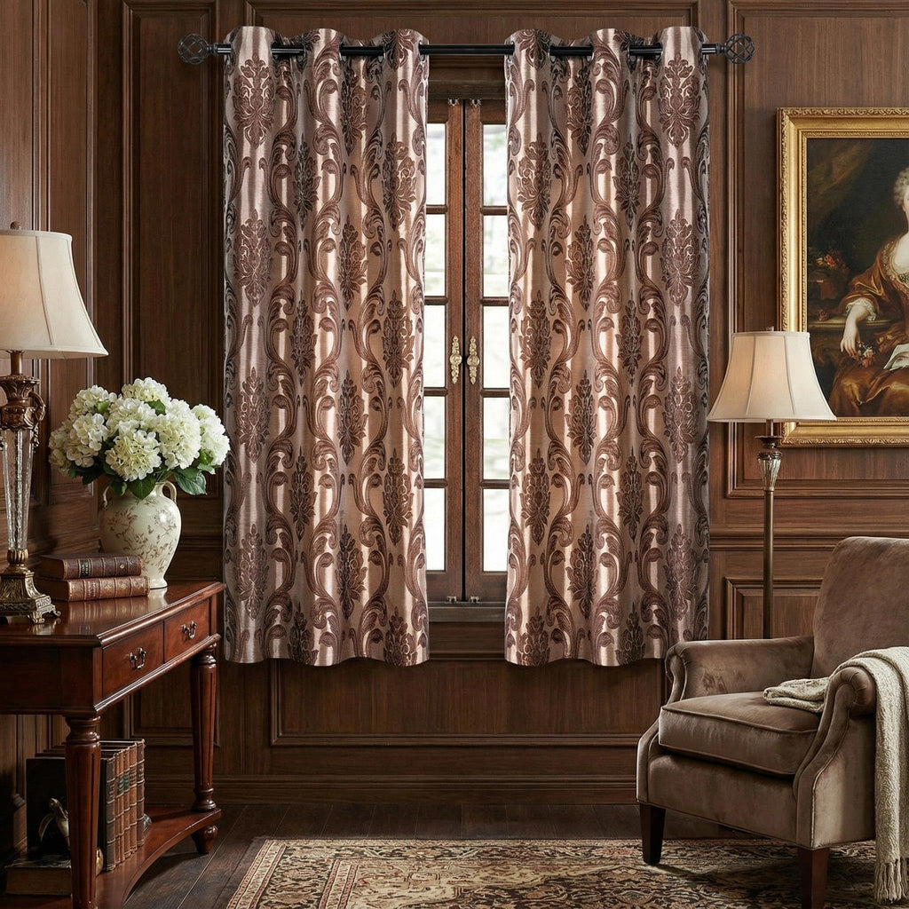 Brown Damask Grommet Curtains, Set of Two